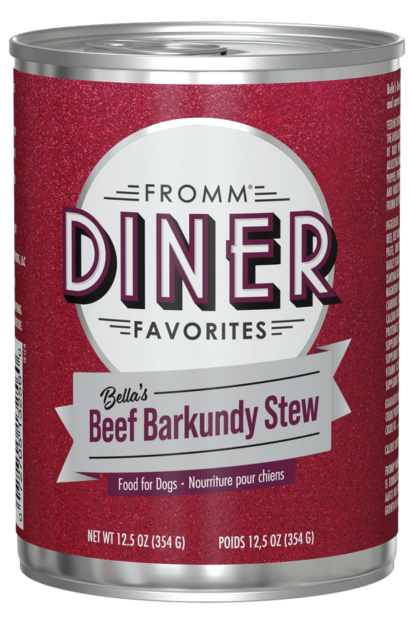 Can of Fromm Diner Favorites Bella's Beef Barkundy Stew dog food on a black background