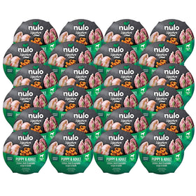 Multiple packages of Nulo dog food on a white background