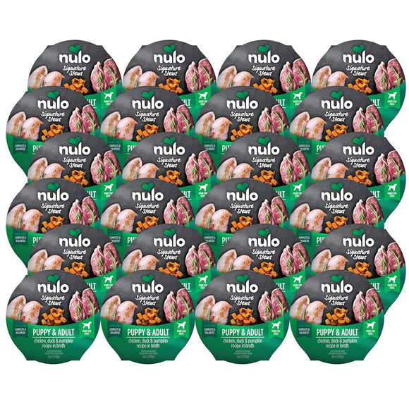 Multiple packages of Nulo dog food on a white background