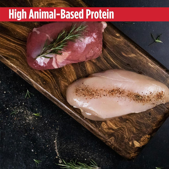 Raw chicken breast and beef on a wooden board with rosemary, labeled 'High Animal-Based Protein'.