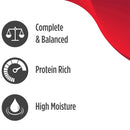 Text and icons indicating 'Complete & Balanced', 'Protein Rich', and 'High Moisture' on a white background with a red accent.