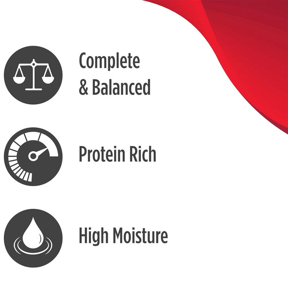 Text and icons indicating 'Complete & Balanced', 'Protein Rich', and 'High Moisture' on a white background with a red accent.
