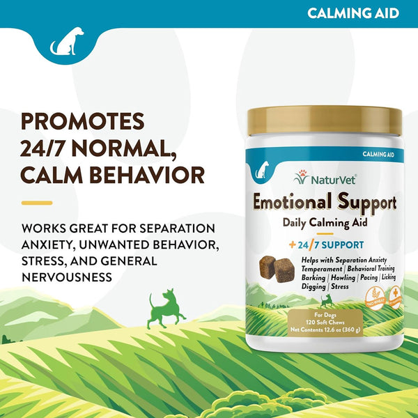 NaturVet Emotional Support Daily Calming Aid Soft Chews Plus 24/7 Support for Dogs