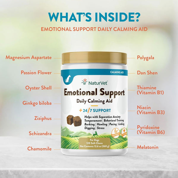 NaturVet Emotional Support Daily Calming Aid Soft Chews Plus 24/7 Support for Dogs