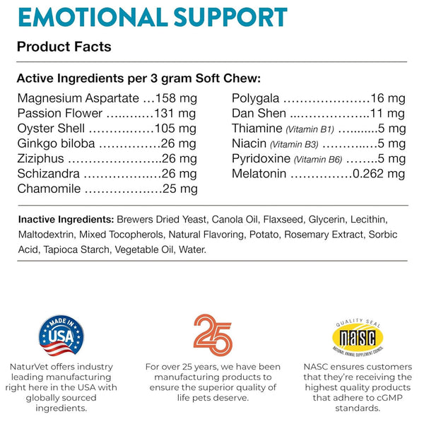 NaturVet Emotional Support Daily Calming Aid Soft Chews Plus 24/7 Support for Dogs