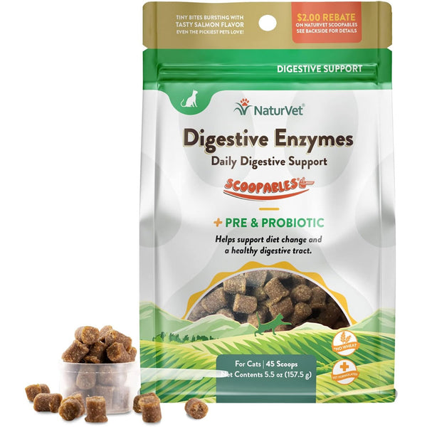 NaturVet Digestive Enzymes Daily Digestive Support Scoopables Plus PRE & Probiotic for Cats, 5.5-oz