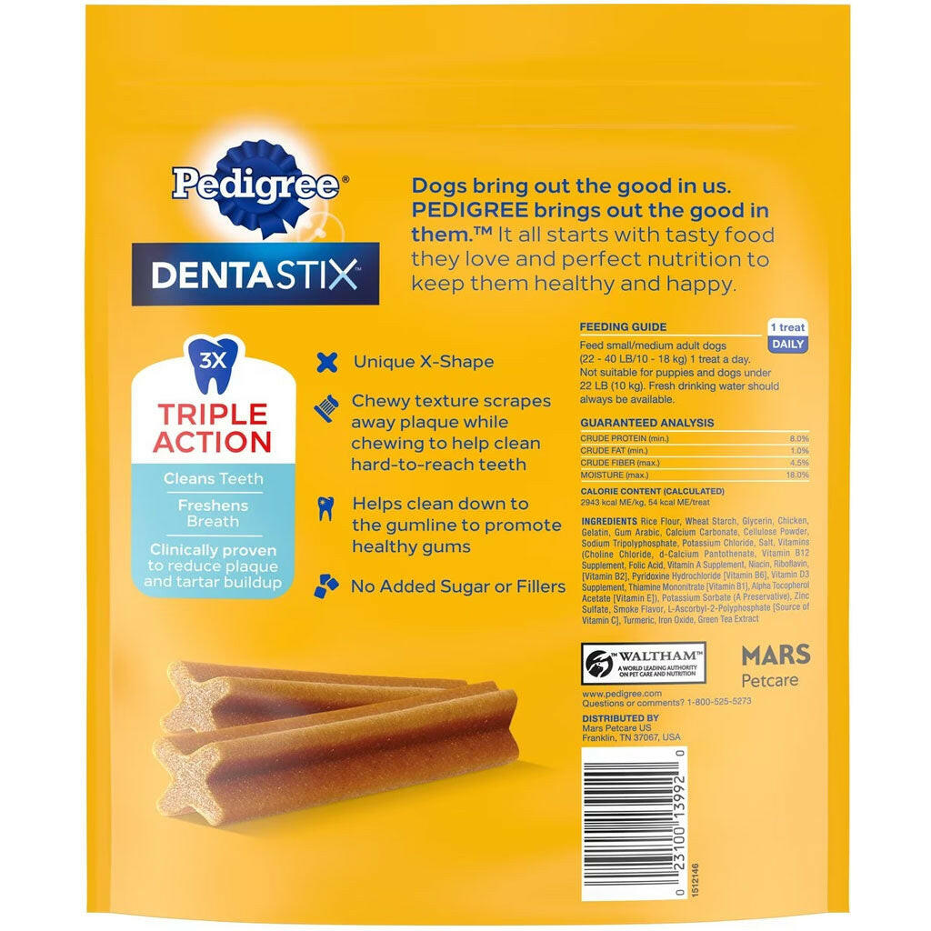 Pedigree Dentastix Small/Medium Original Chicken Flavor Dental Dog Treats backside