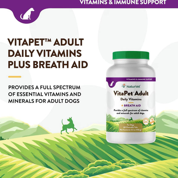 NaturVet VitaPet Adult Plus Breath Aid Chewable Tablets Multivitamin for Dogs