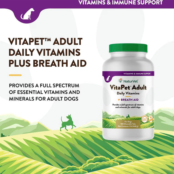 NaturVet VitaPet Adult Plus Breath Aid Chewable Tablets Multivitamin for Dogs 180ct