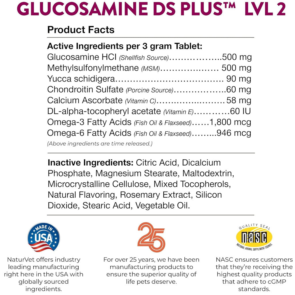 NaturVet Glucosamine DS Plus Level 2 Chewable Tablets with Chondroitin & MSM for Dogs & Cats