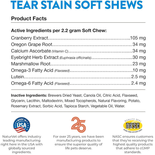 NaturVet Tear Stain Supplement Soft Chews with Lutein for Dogs & Cats