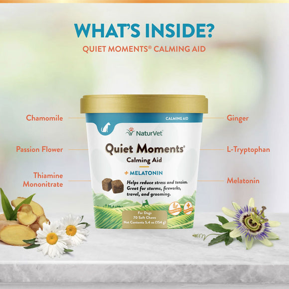 NaturVet Quiet Moments Calming Aid Plus Melatonin Soft Chews for Dogs 70 count  benefits