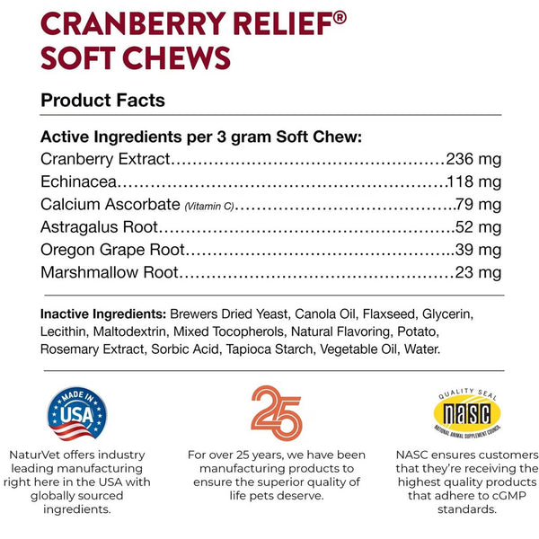 NaturVet Cranberry Relief Plus Echinacea Soft Chew Urinary Supplement for Dogs Ingredients