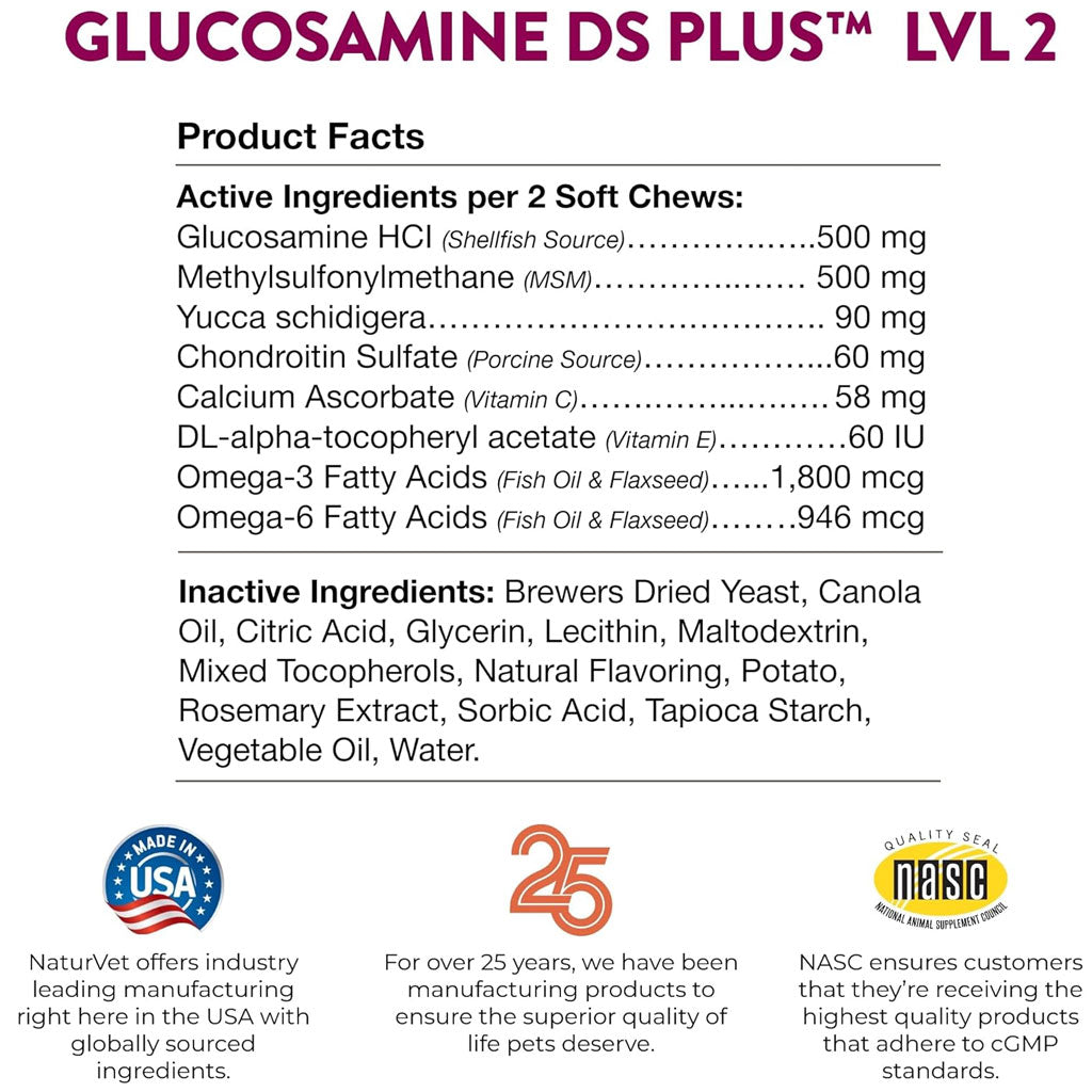 NaturVet Glucosamine DS Plus Level 2 Soft Chews with Chondroitin & MSM for Dogs & Cats