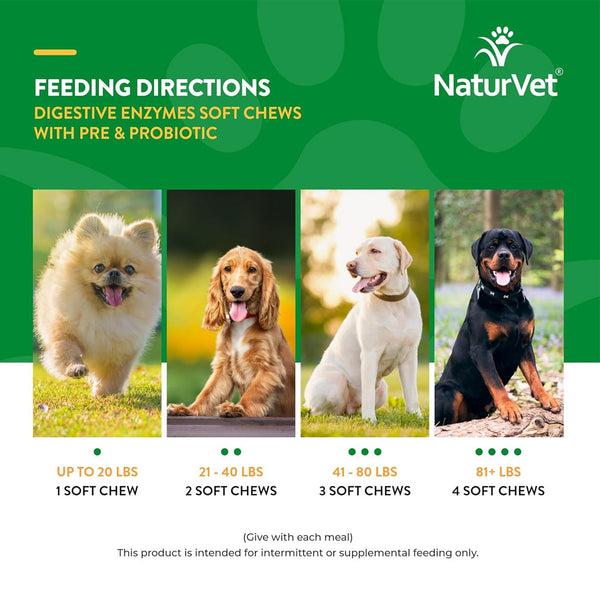 NaturVet Digestive Enzymes Soft Chews Daily Digestive Support Plus Pre & Probiotic for Dogs