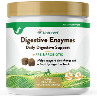 NaturVet Digestive Enzymes Soft Chews Daily Digestive Support Plus Pre & Probiotic for Dogs, 120 count