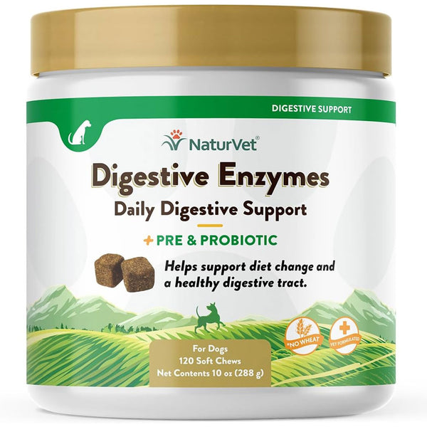 NaturVet Digestive Enzymes Soft Chews Daily Digestive Support Plus Pre & Probiotic for Dogs, 120 count