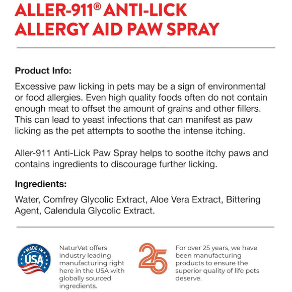 NaturVet Aller-911 Anti-Lick Allergy Aid Paw Spray with Aloe Vera for Dogs & Cats