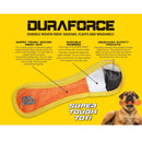 DuraForce dog toy with features highlighted on a yellow background