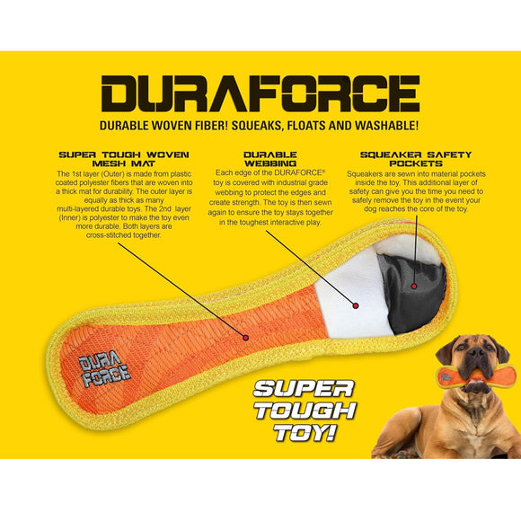 DuraForce dog toy with features highlighted on a yellow background