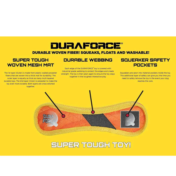Duraforce dog toy with features highlighted on a yellow background