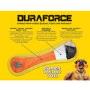 DuraForce dog toy with durability features highlighted on a yellow background