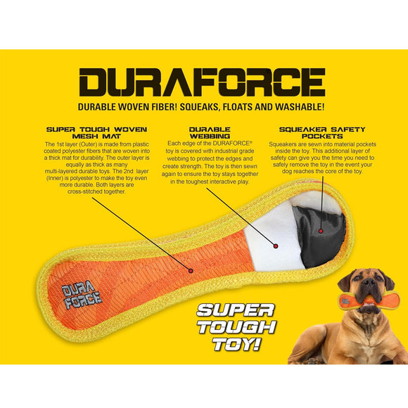 DuraForce dog toy with durability features highlighted on a yellow background