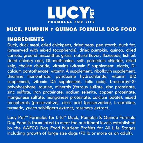 Lucy Pet Products Formulas for Life Grain-Free Duck, Pumpkin & Quinoa Formula Dry Dog Food ingredients