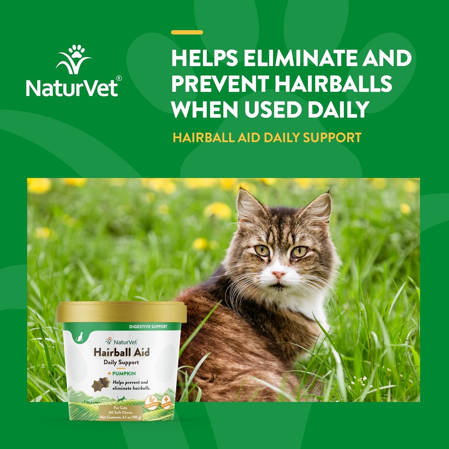 NaturVet Hairball Aid Daily Support Soft Chews with Pumpkin for Cats