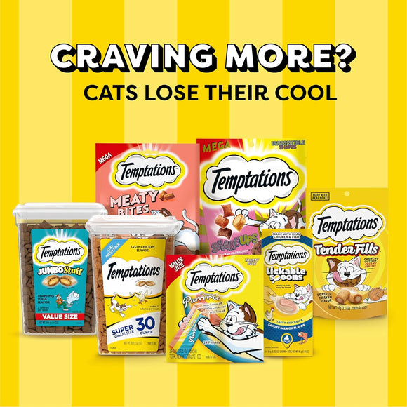 Assorted Temptations cat treats packaging on a yellow background with text 'Craving More? Cats Lose Their Cool'.