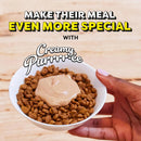 Hand holding a bowl of dog food with creamy purrree on a wooden surface