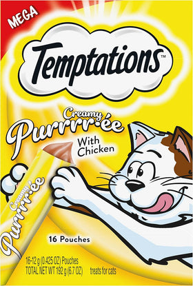 Temptations cat treats packaging with cartoon cat and yellow background