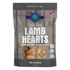Package of freeze-dried lamb hearts for pets on a wooden background