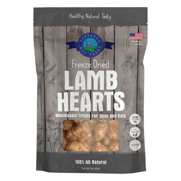 Package of freeze-dried lamb hearts for pets on a wooden background