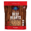 Package of freeze-dried beef hearts for pets with a wooden design and red top.