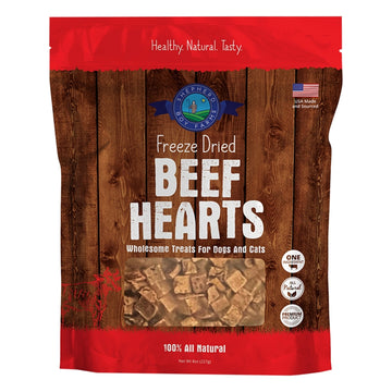 Package of freeze-dried beef hearts for pets with a wooden design and red top.