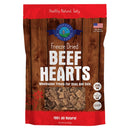 Package of freeze-dried beef hearts for dogs and cats with a wooden design and red top.