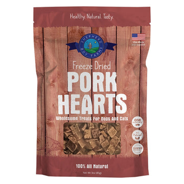 Package of freeze-dried pork hearts for dogs and cats with a wooden design.