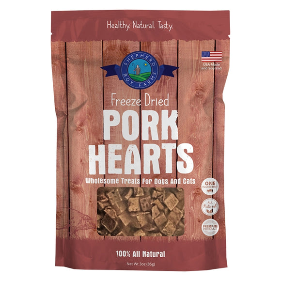 Package of freeze-dried pork hearts for dogs and cats with a wooden design.