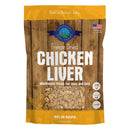 Package of freeze-dried chicken liver treats for dogs and cats on a wooden background
