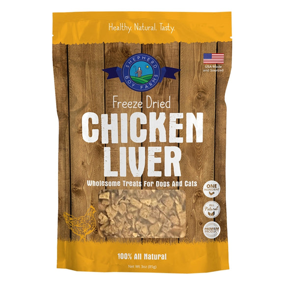 Package of freeze-dried chicken liver treats for dogs and cats on a wooden background
