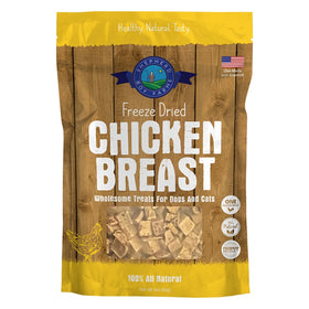 Package of freeze-dried chicken breast treats for pets on a wooden background