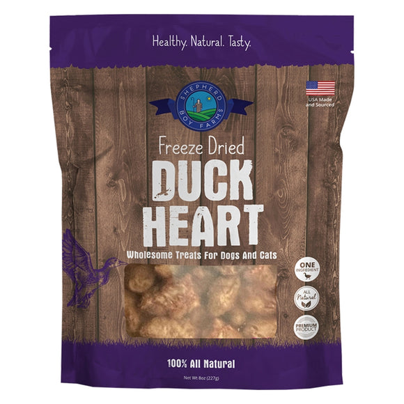Package of freeze-dried duck heart treats for dogs and cats with a wooden texture and purple accents.