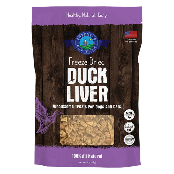 Package of freeze-dried duck liver treats for dogs and cats with a wooden texture background.