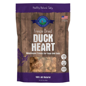 Package of freeze-dried duck heart treats for dogs and cats with a wooden design and purple accents.
