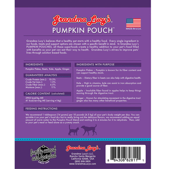 Back label of Grandma Lucy's Pumpkin Pouch with text and branding.