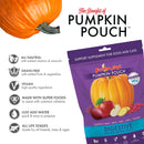 Pumpkin pouch supplement for dogs and cats with features listed on a white background