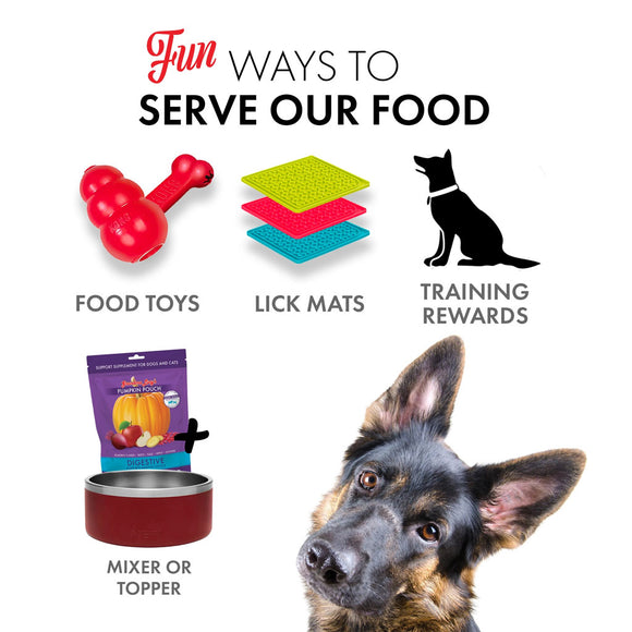 Dog products including food toys, lick mats, training rewards, and a mixer or topper with a dog looking at the camera.