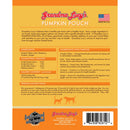 Back of a product packaging for 'Grandma Lucy's Pumpkin Pouch' with text and graphics.