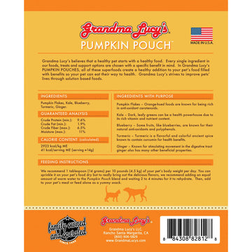 Back of a product packaging for 'Grandma Lucy's Pumpkin Pouch' with text and graphics.